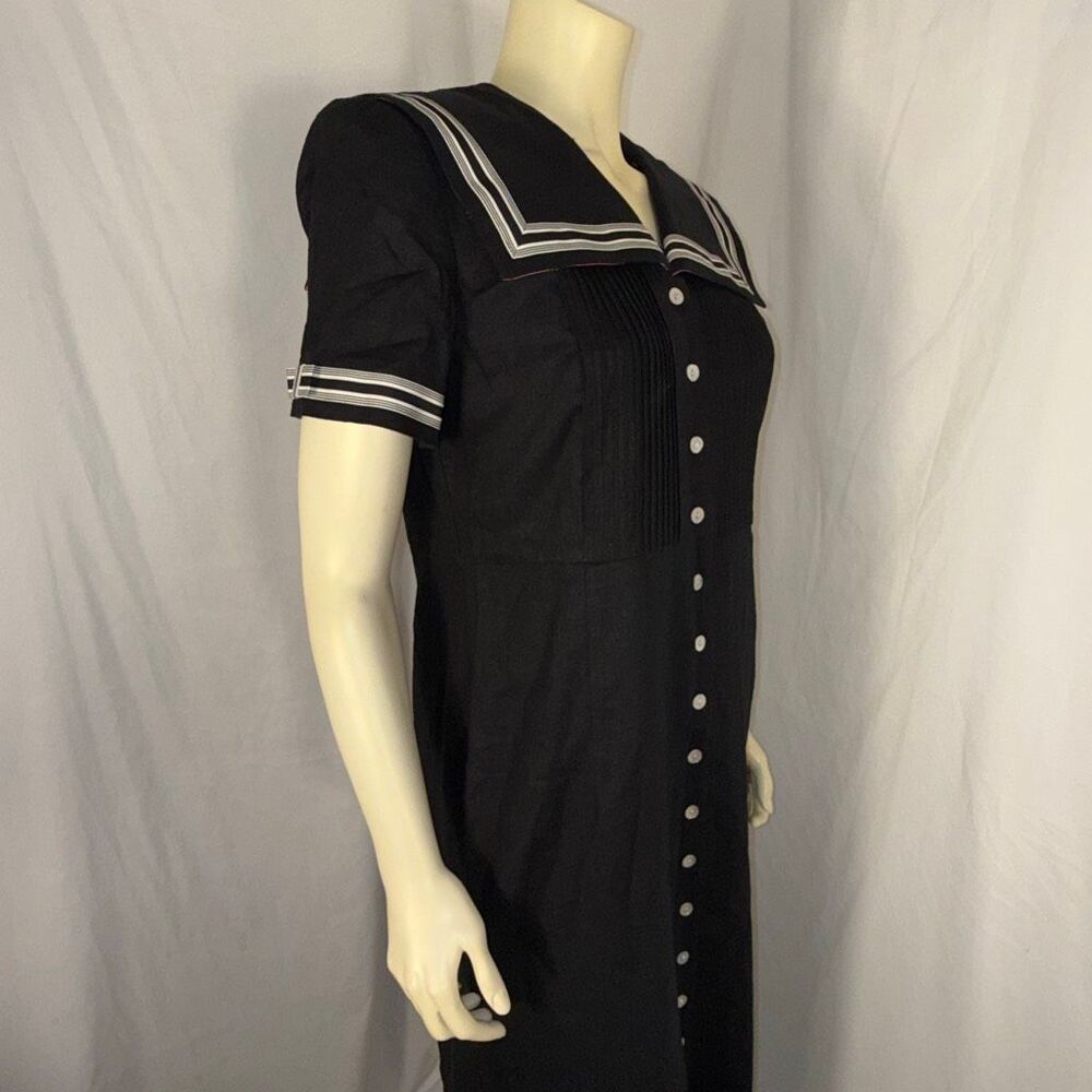Vintage 90s Jessica Howard Petite Black Linen Blend Sailor Midi Dress Nautical P - Picture 4 of 16